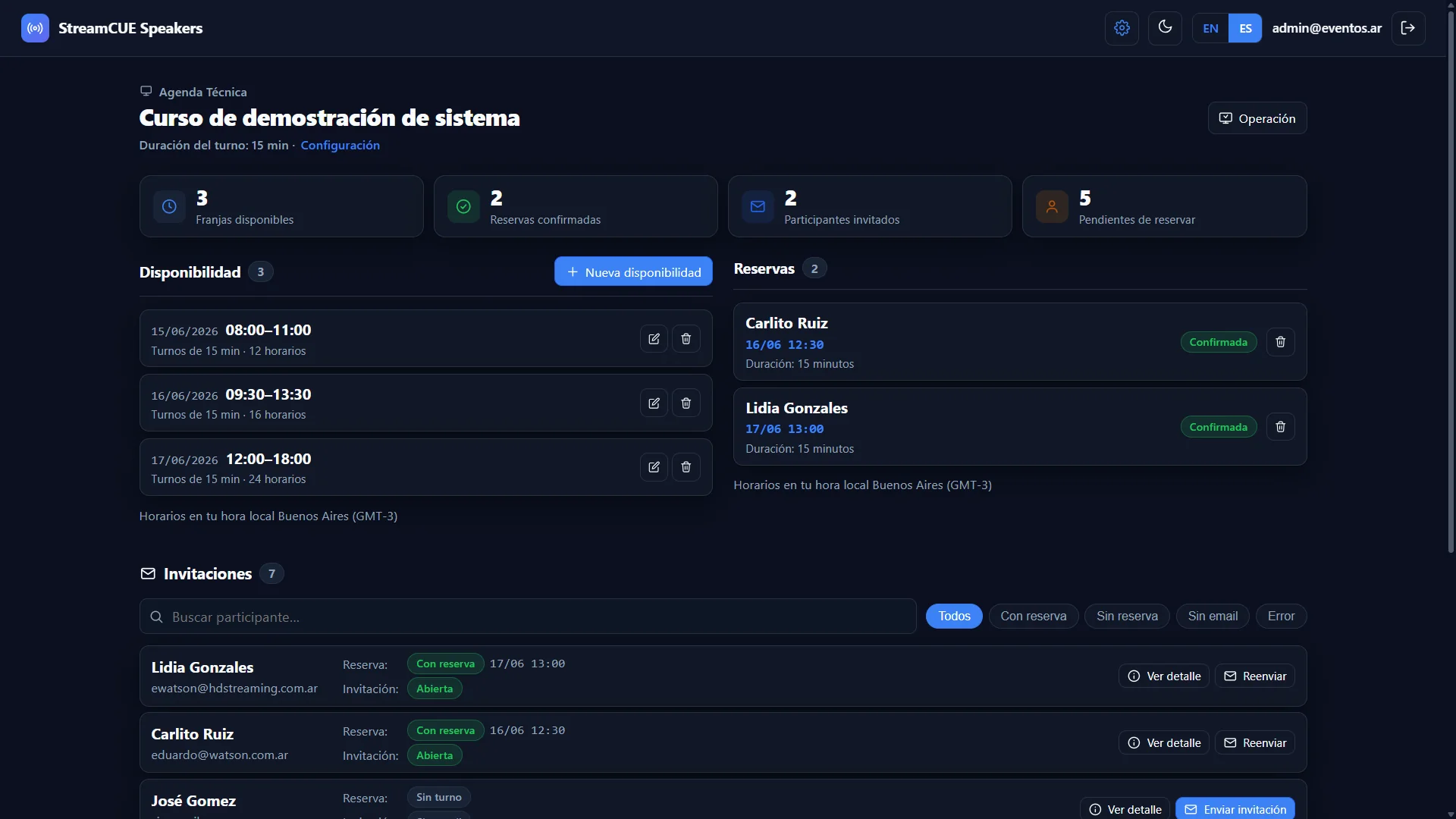 StreamCUE Speakers — panel de agenda con asignaciones de disertantes y tiempos