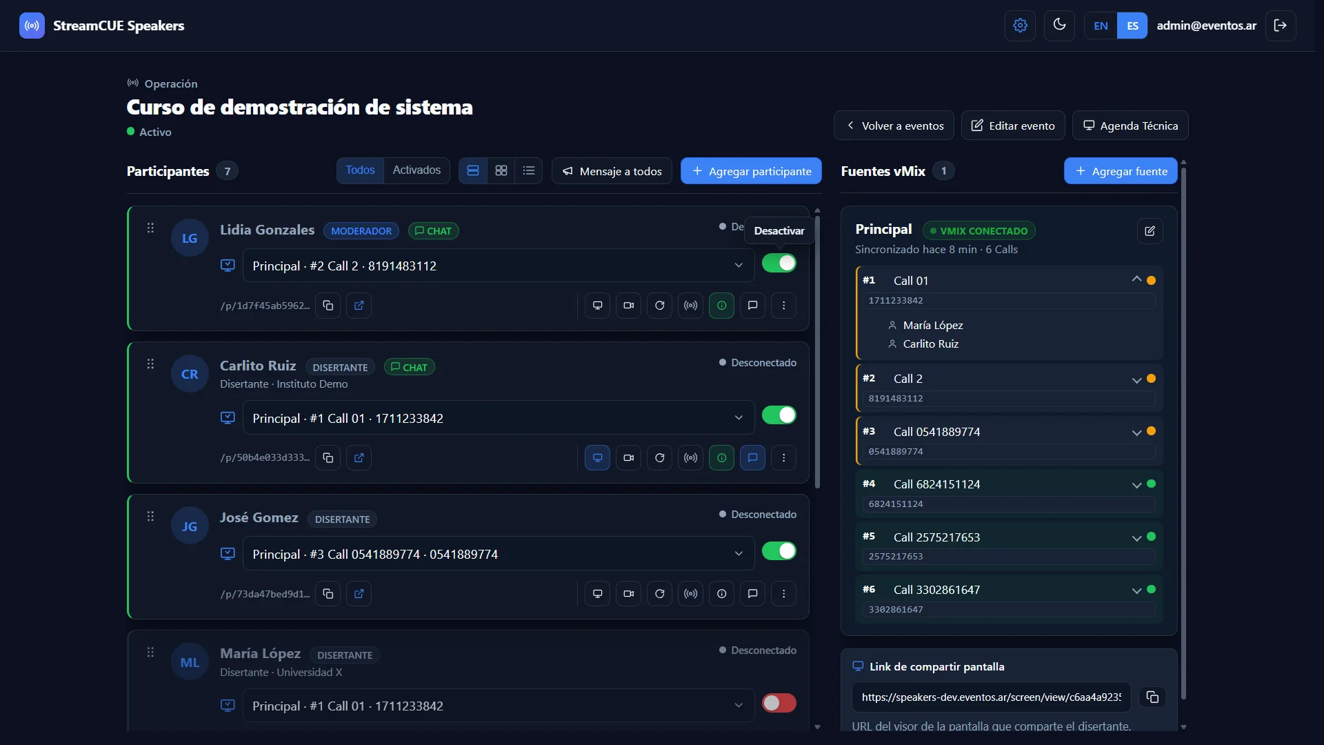 StreamCUE Speakers — panel de transmisión en vivo con todos los feeds de disertantes